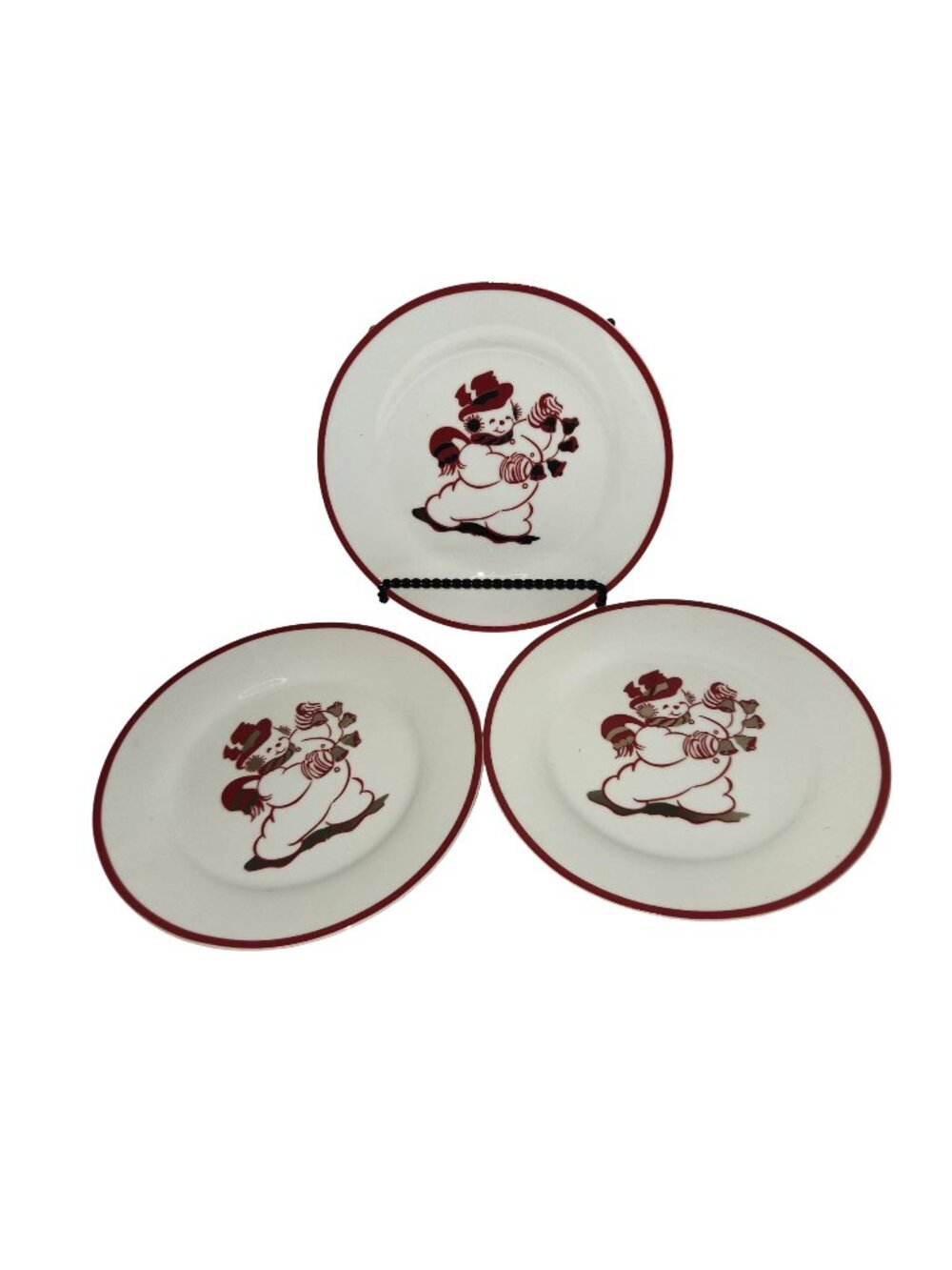 Set Of 3 Vintage Snowman Dessert Plates Red & White Christmas Design 8"